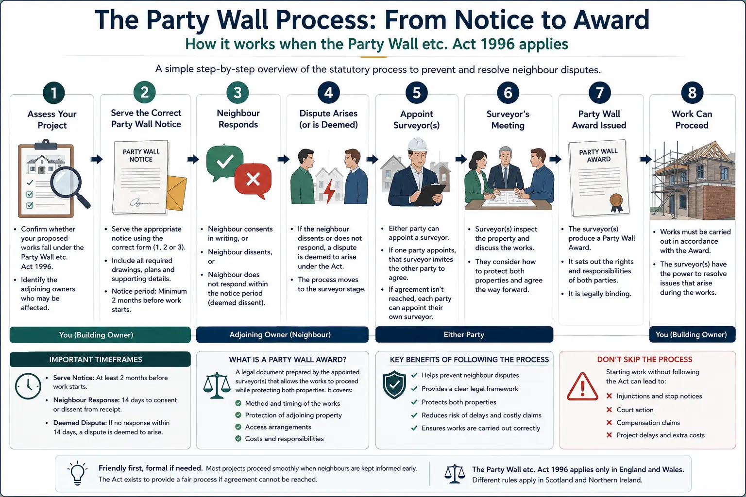 Do I Need a Party Wall Agreement? An infographic showing the party wall process from notice to award in a very interactive way for the citizens living in Thame, UK