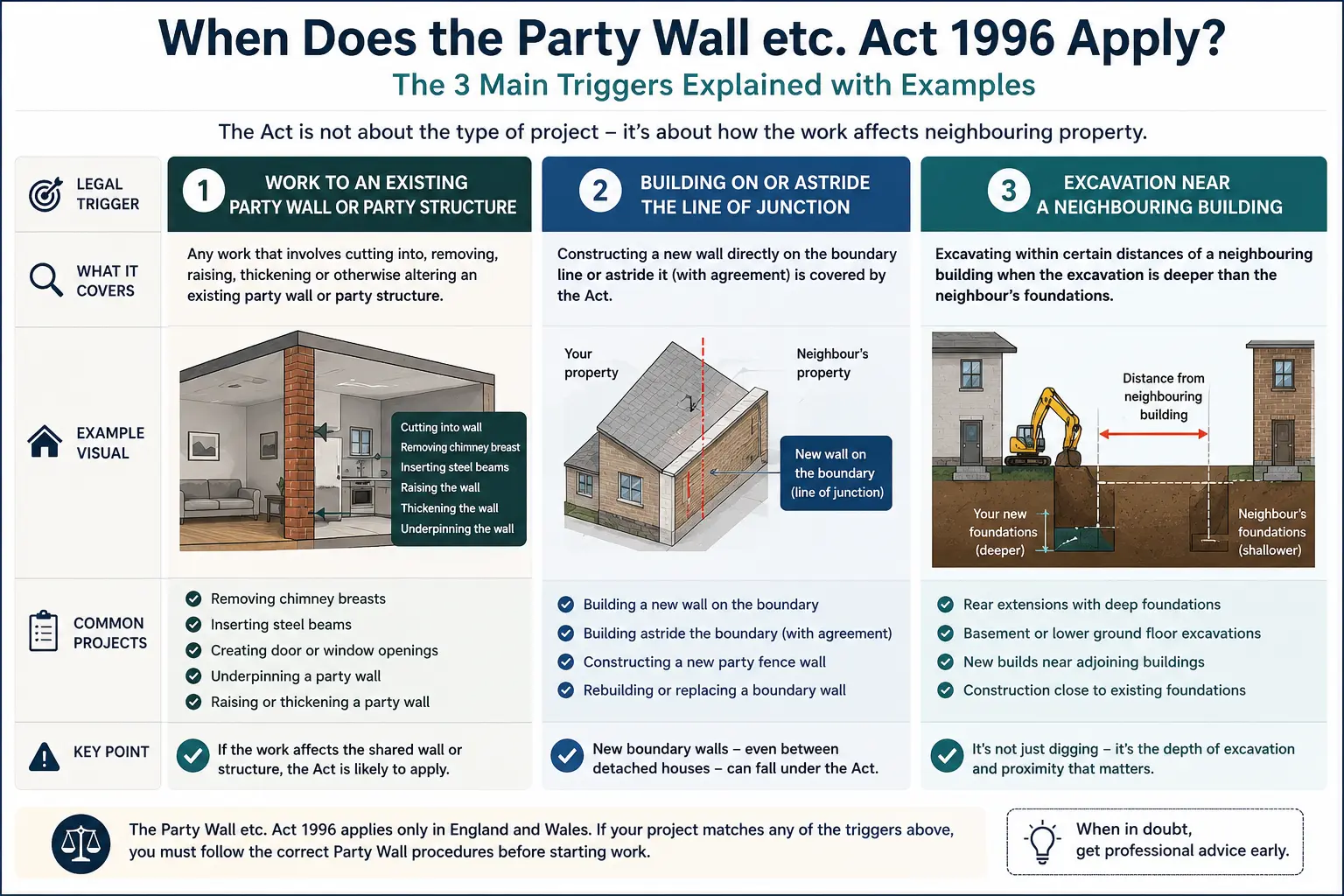 Do I Need a Party Wall Agreement? An infographic showing when does the party wall etc act 1996 apply like excavation, junction, painting, in Thame, UK